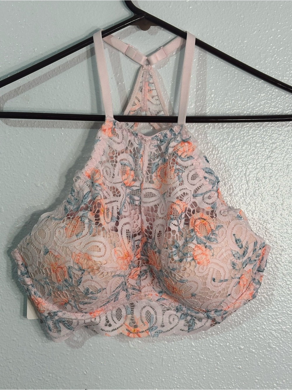 Victoria’s Secret PINK Push Up Bra L Floral Lace High Neck Racerback Bralette